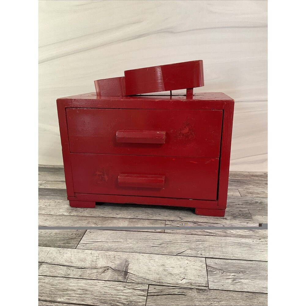 Vintage Red Shoe Shine Box,2 Drawers,Top Footrest.10”H x 14.25”W x 8.25”L